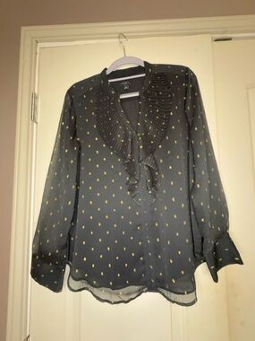 Ann Taylor Women's Black Ruffle V-Neck Blouse with Gold Dot Print